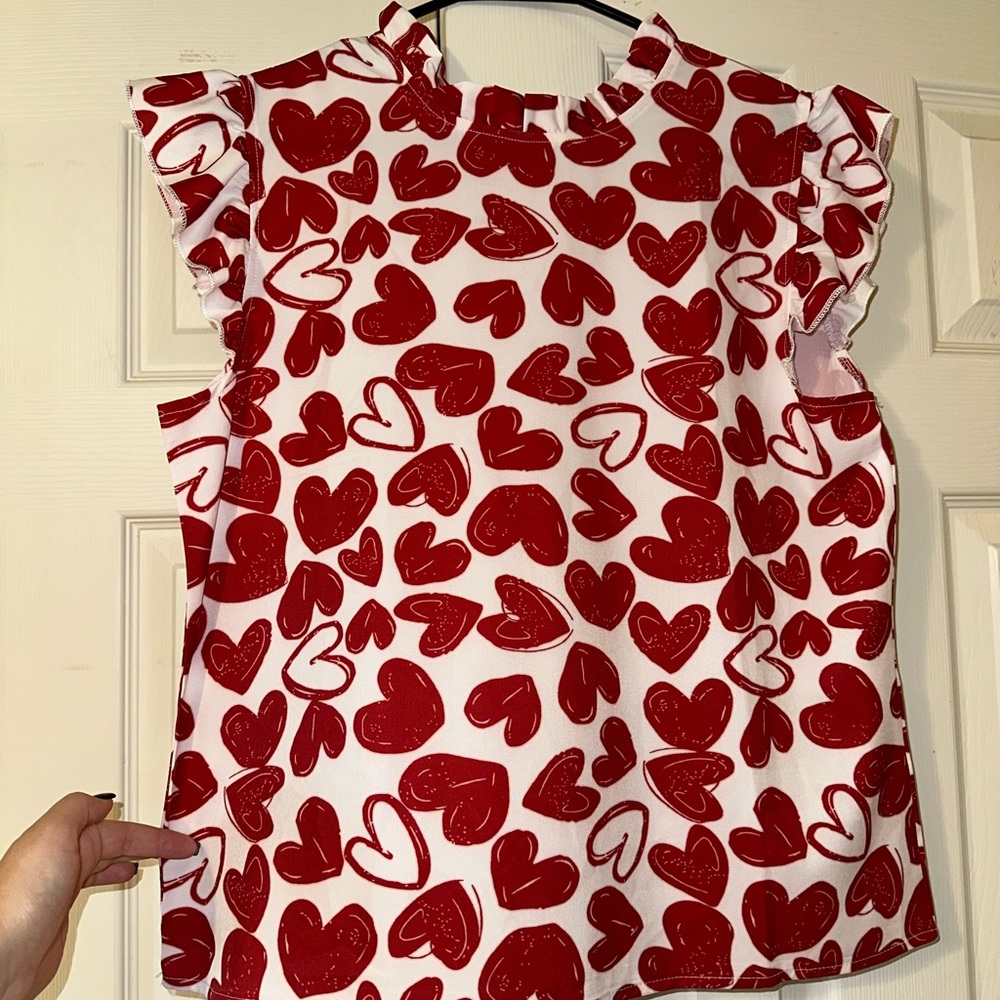 Red and White Heart Print Blouse with Flutter Sleeves